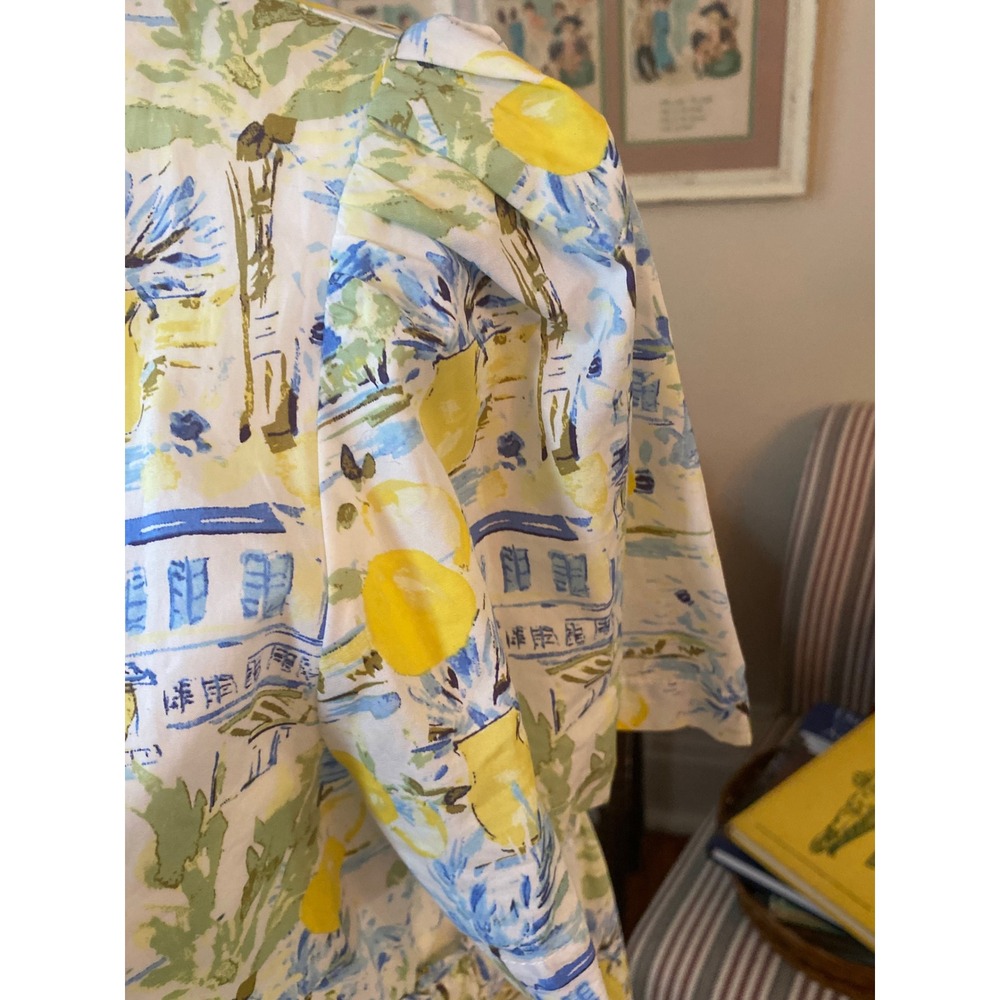 Avara Mediterranean Lemon Print Tiered Mini Dress Blue Yellow Sz s boho Cottage - Picture 5 of 10